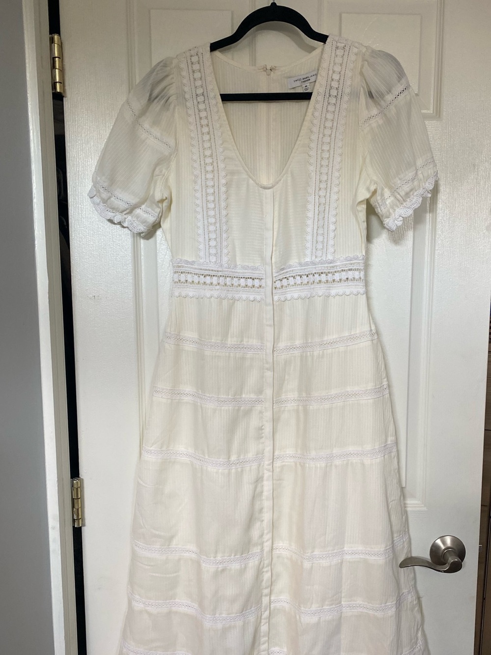 Sweet Baby Jamie White Eyelet Midi Dress with V-Neck